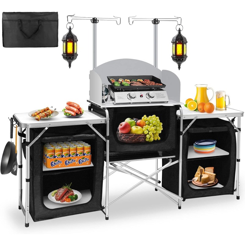 Camping Cooking Table With Storage - Hot-selling Outdoor Camping Mobile Kitchen Portable